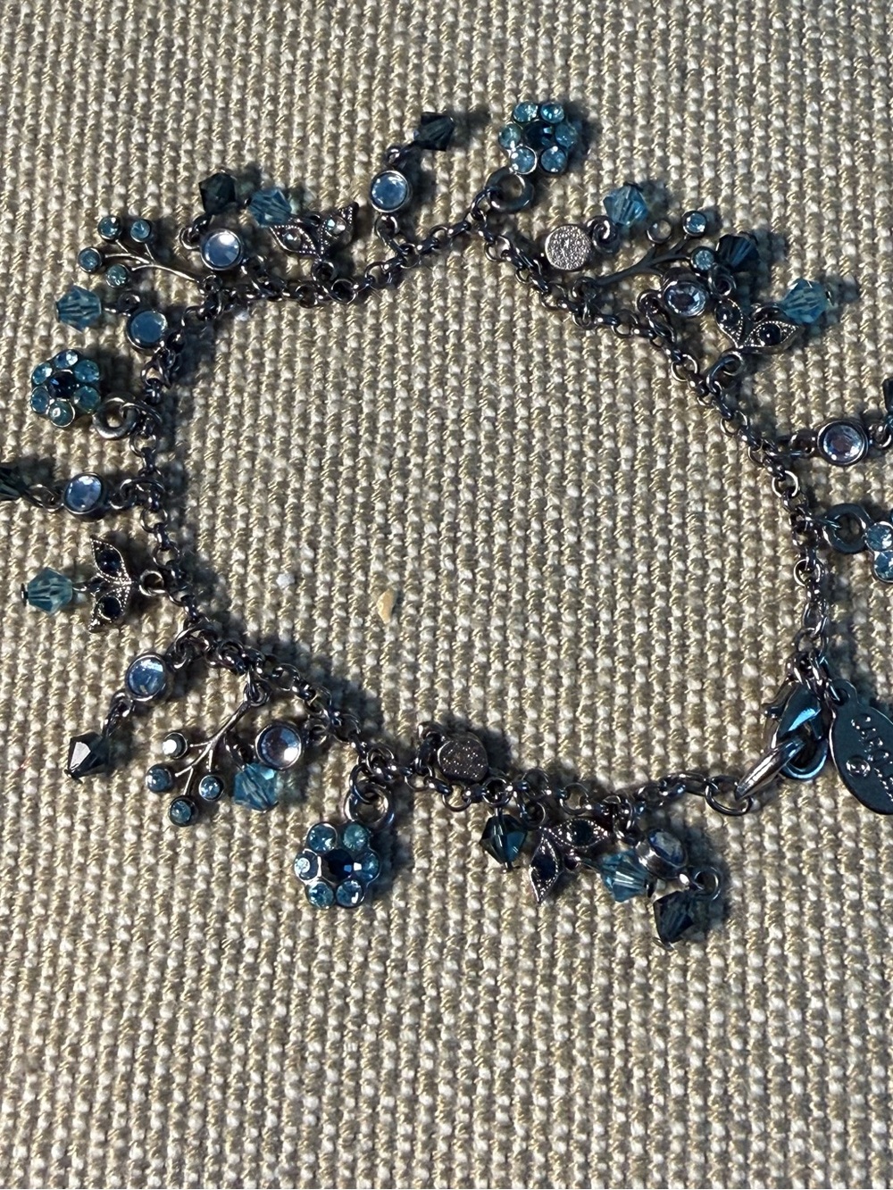 Vintage Carolee Blue Crystal Charm Bracelet with Floral Accents 7"
